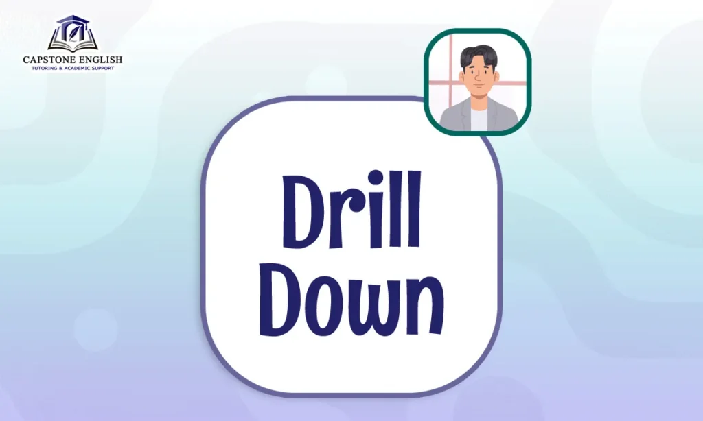 Blog cover for post explaining "drill down, a business English expression