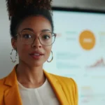 A professional woman looking at a complex organizational chart with a focused expression representing the concept of high-output thinking