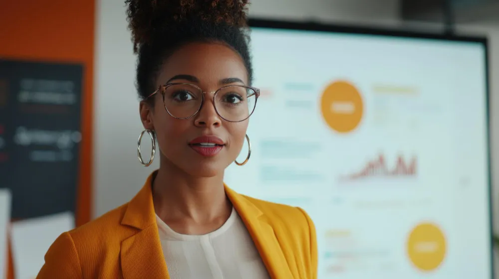 A professional woman looking at a complex organizational chart with a focused expression representing the concept of high-output thinking