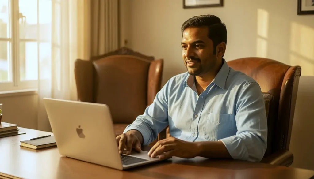 Indian man uses laptop for virtual interview