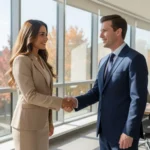 A woman looks ready to giver her self-introduction in English